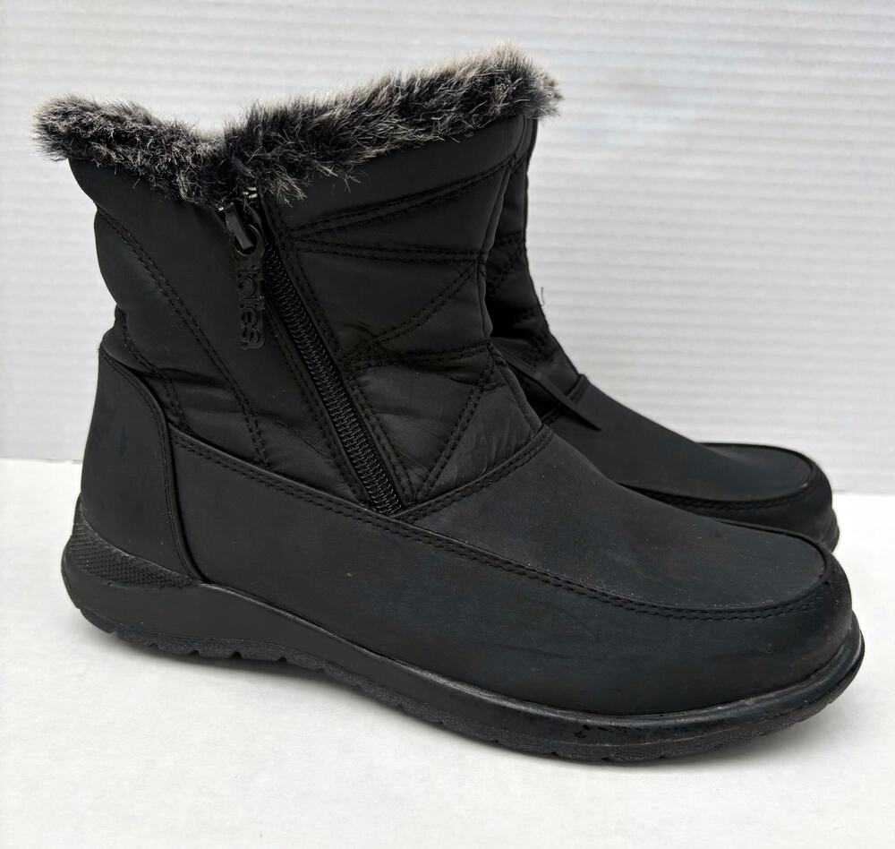 Totes Eileen Black Faux Fur Lined Ankle Snow Boots Zip Synthetic 6.5W